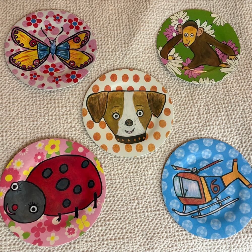 Set of 5 Jumping Beans Kids Melamine Plates - Whimsical Animals & Helicopter
